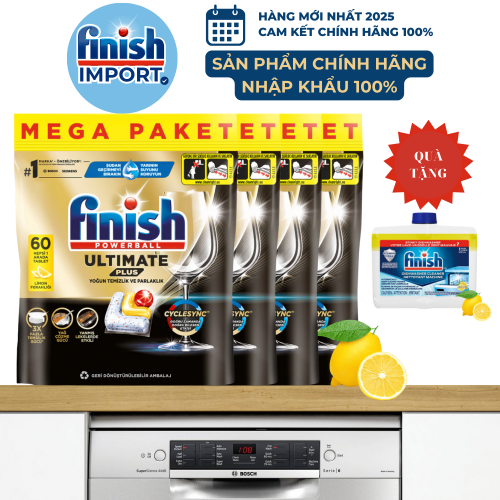 Combo 4 túi 60 viên Finish Ultimate Plus 2025 hương chanh, chuẩn châu Âu, siêu cao cấp, 16 tính năng/viên, dùng cho máy rửa chén 13-15 bộ
